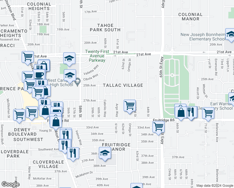 map of restaurants, bars, coffee shops, grocery stores, and more near 7006 26th Avenue in Sacramento