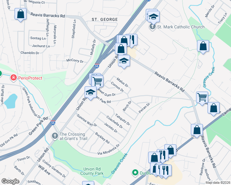 map of restaurants, bars, coffee shops, grocery stores, and more near 4114 Sweet Gum Drive in St. Louis
