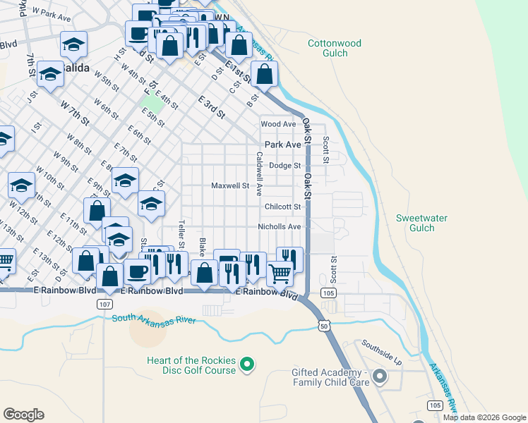 map of restaurants, bars, coffee shops, grocery stores, and more near 501 Chilcott Street in Salida