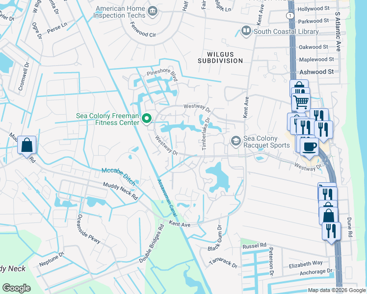 map of restaurants, bars, coffee shops, grocery stores, and more near 2007 Lakeshore Drive in Bethany Beach