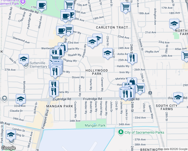 map of restaurants, bars, coffee shops, grocery stores, and more near in Sacramento