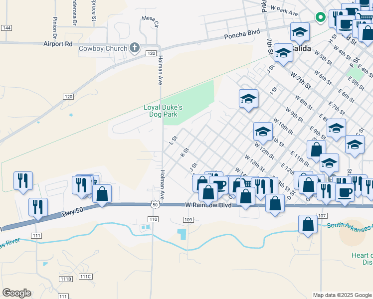 map of restaurants, bars, coffee shops, grocery stores, and more near 1448 J Street in Salida