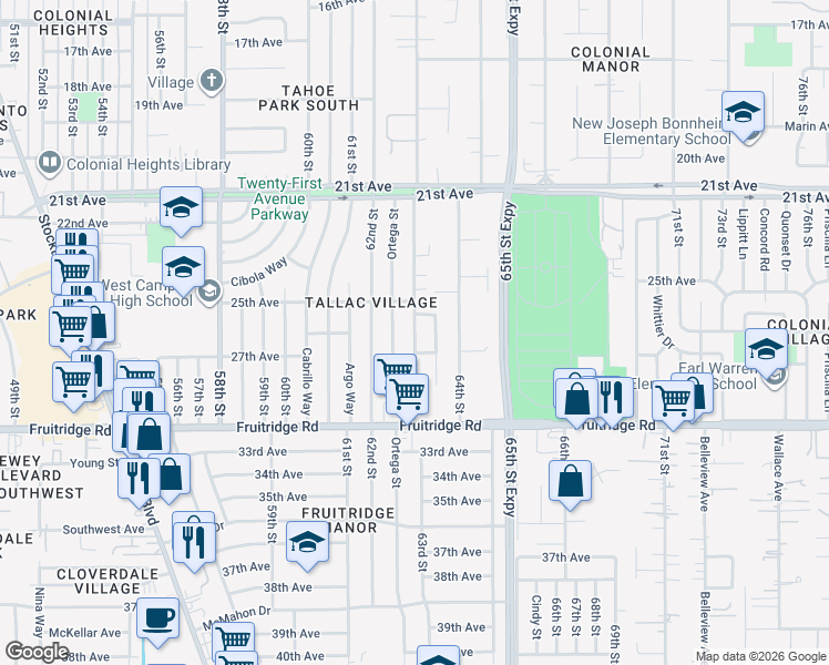 map of restaurants, bars, coffee shops, grocery stores, and more near 5213 63rd Street in Sacramento