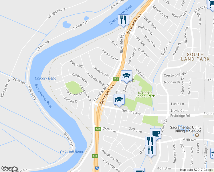 map of restaurants, bars, coffee shops, grocery stores, and more near 2970 Riverside Boulevard in Sacramento