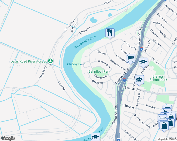 map of restaurants, bars, coffee shops, grocery stores, and more near 830 Seamas Avenue in Sacramento