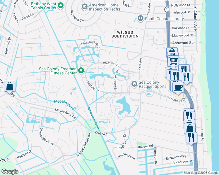 map of restaurants, bars, coffee shops, grocery stores, and more near 7303 Timberlake Court in Bethany Beach