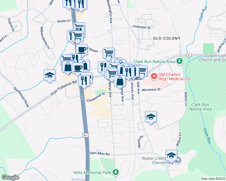 map of restaurants, bars, coffee shops, grocery stores, and more near 106 Saint Marys Avenue in La Plata