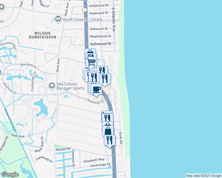 map of restaurants, bars, coffee shops, grocery stores, and more near 112 Island House Road in Bethany Beach