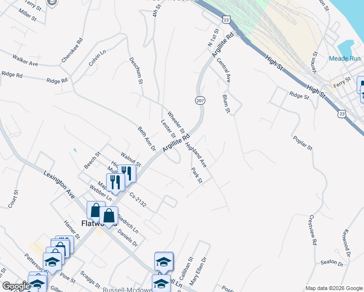 map of restaurants, bars, coffee shops, grocery stores, and more near 1117 Crestwood Court in Flatwoods