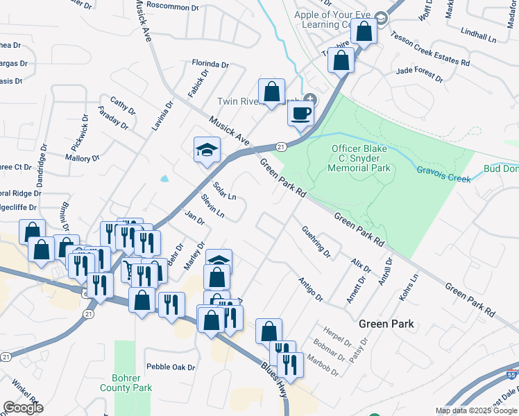 map of restaurants, bars, coffee shops, grocery stores, and more near 10801 Platte Drive in St. Louis
