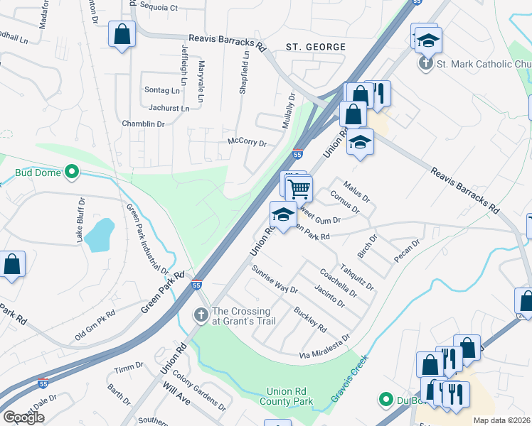 map of restaurants, bars, coffee shops, grocery stores, and more near 4327 Sunridge Drive in St. Louis