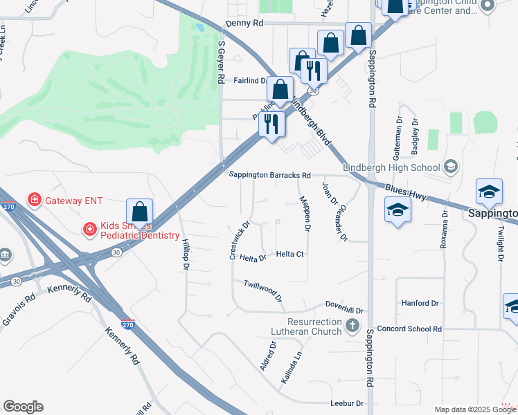 map of restaurants, bars, coffee shops, grocery stores, and more near 9806 Barrington Drive in St. Louis