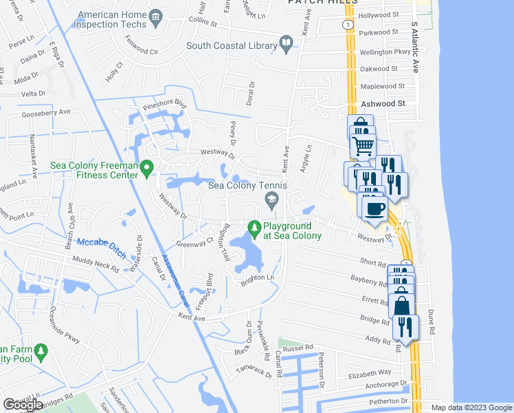 map of restaurants, bars, coffee shops, grocery stores, and more near 8407 Racquet Lane in Bethany Beach