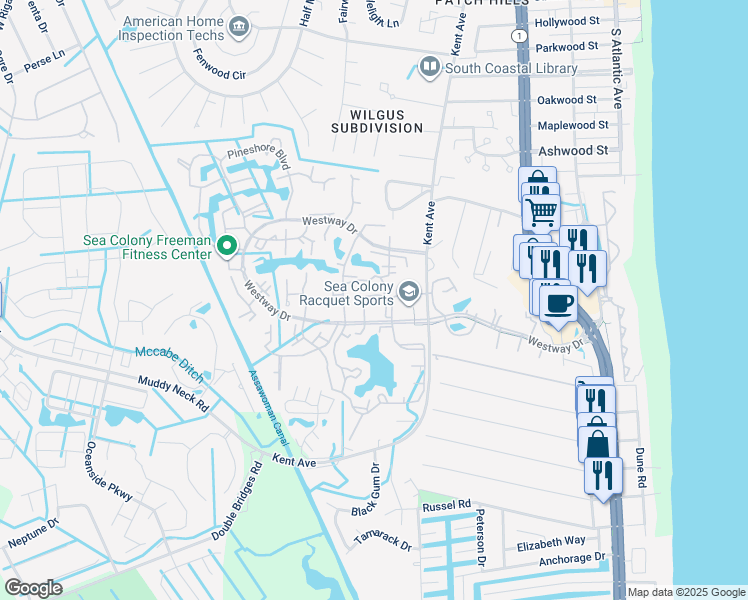 map of restaurants, bars, coffee shops, grocery stores, and more near 39346 Racquet Lane in South Bethany