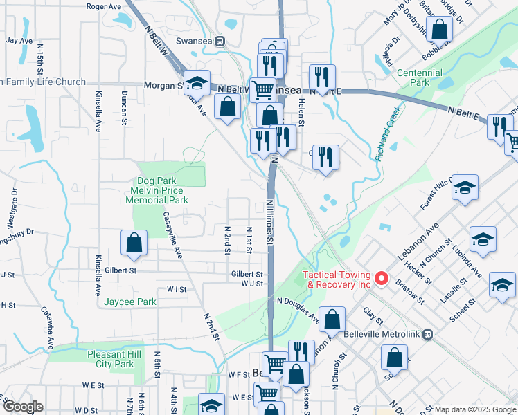 map of restaurants, bars, coffee shops, grocery stores, and more near 1401 North Illinois Street in Belleville