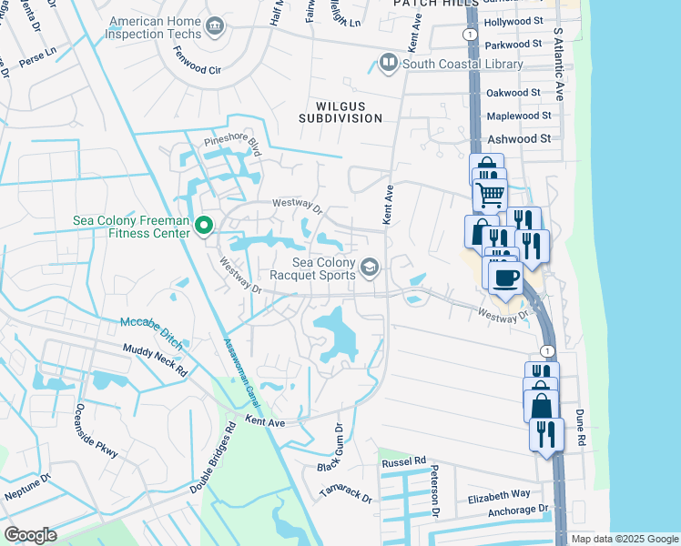 map of restaurants, bars, coffee shops, grocery stores, and more near 39346 Racquet Lane in South Bethany