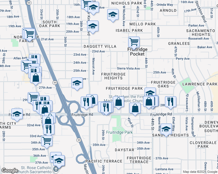 map of restaurants, bars, coffee shops, grocery stores, and more near 5200 Mendocino Boulevard in Sacramento