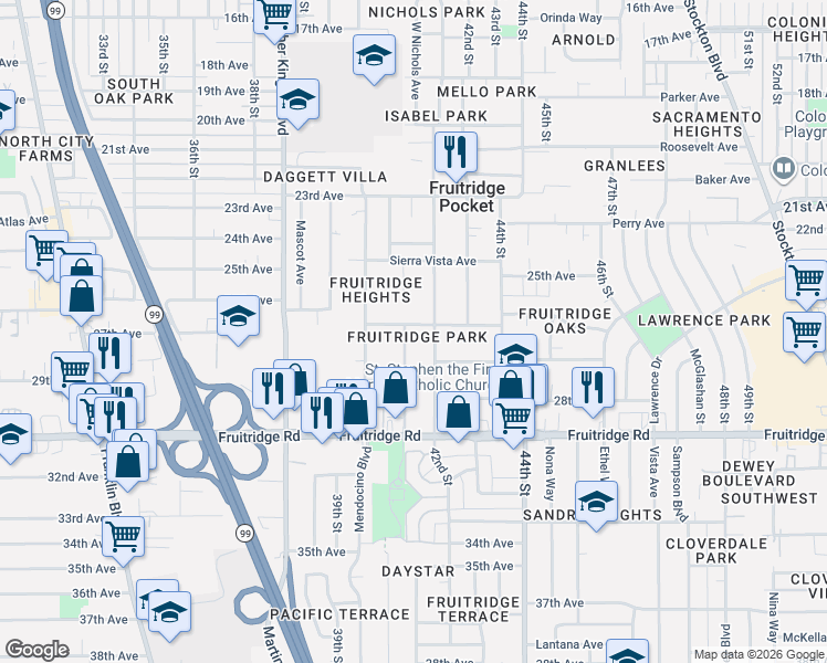 map of restaurants, bars, coffee shops, grocery stores, and more near in Parkway-South Sacramento