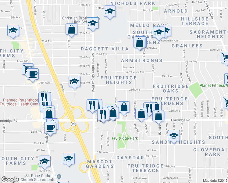 map of restaurants, bars, coffee shops, grocery stores, and more near 5260 Mendocino Boulevard in Sacramento