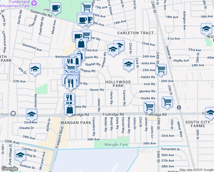map of restaurants, bars, coffee shops, grocery stores, and more near 2130 Stover Way in Sacramento