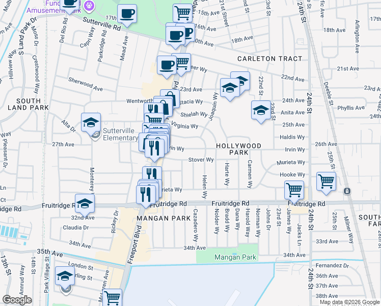 map of restaurants, bars, coffee shops, grocery stores, and more near 2034 Stover Way in Sacramento