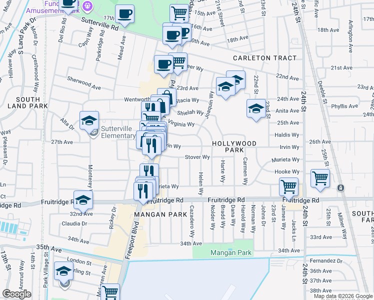 map of restaurants, bars, coffee shops, grocery stores, and more near 2034 Stover Way in Sacramento