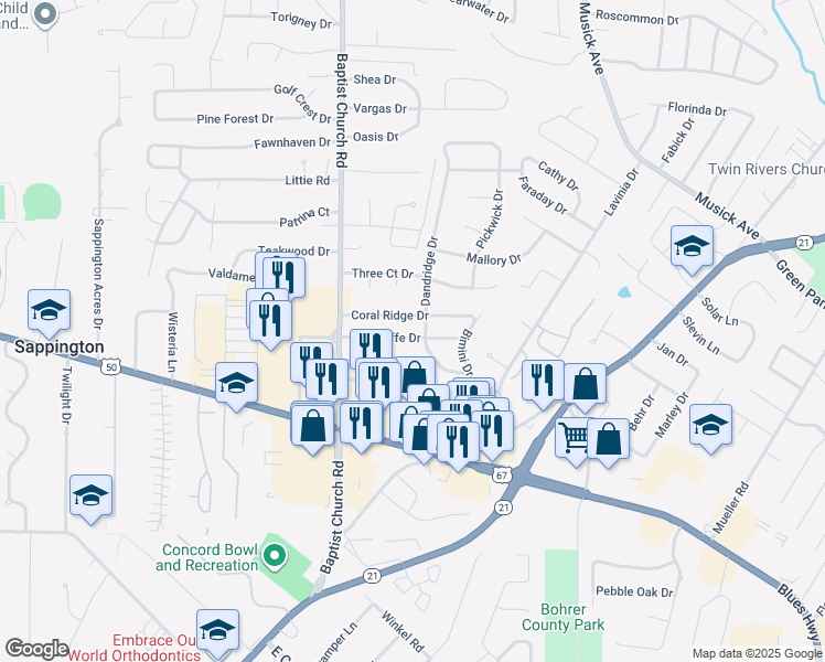 map of restaurants, bars, coffee shops, grocery stores, and more near 10909 Edgecliffe Drive in St. Louis