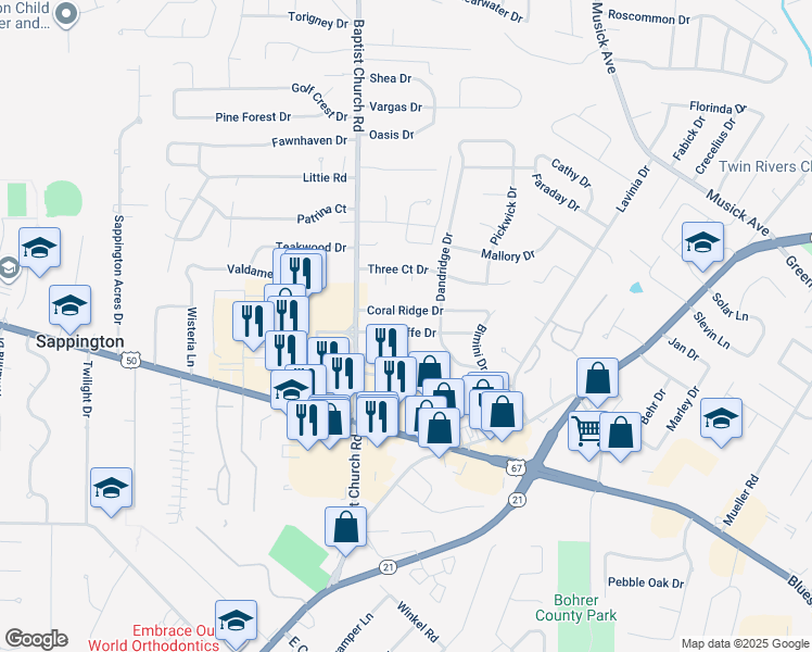 map of restaurants, bars, coffee shops, grocery stores, and more near 10931 Village Grove Drive in St. Louis
