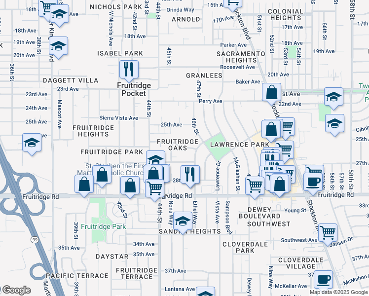 map of restaurants, bars, coffee shops, grocery stores, and more near 4551 Soledad Avenue in Sacramento