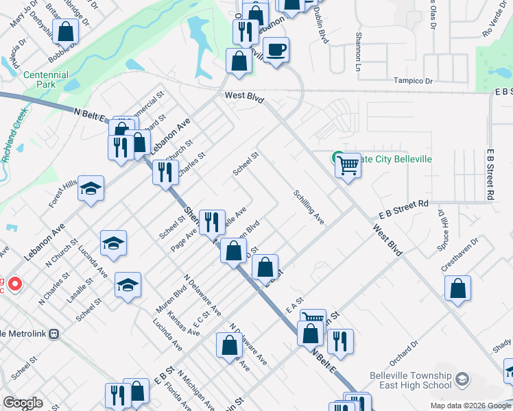 map of restaurants, bars, coffee shops, grocery stores, and more near 2012 East Belle Avenue in Belleville