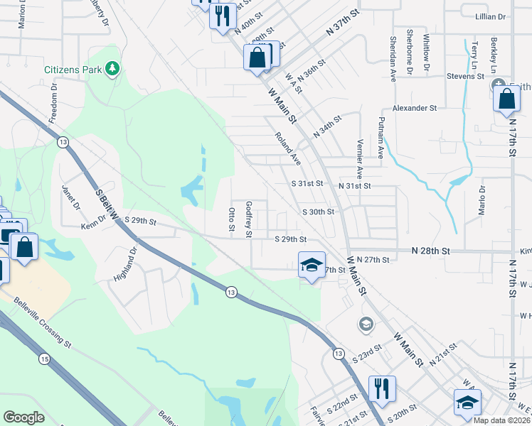 map of restaurants, bars, coffee shops, grocery stores, and more near 2911 Mary Irene Street in Belleville
