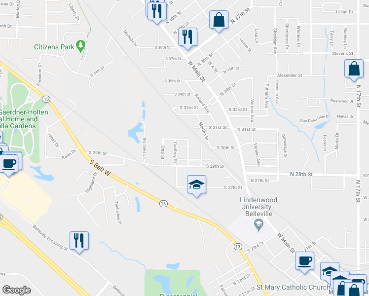 map of restaurants, bars, coffee shops, grocery stores, and more near 2911 Mary Irene Street in Belleville