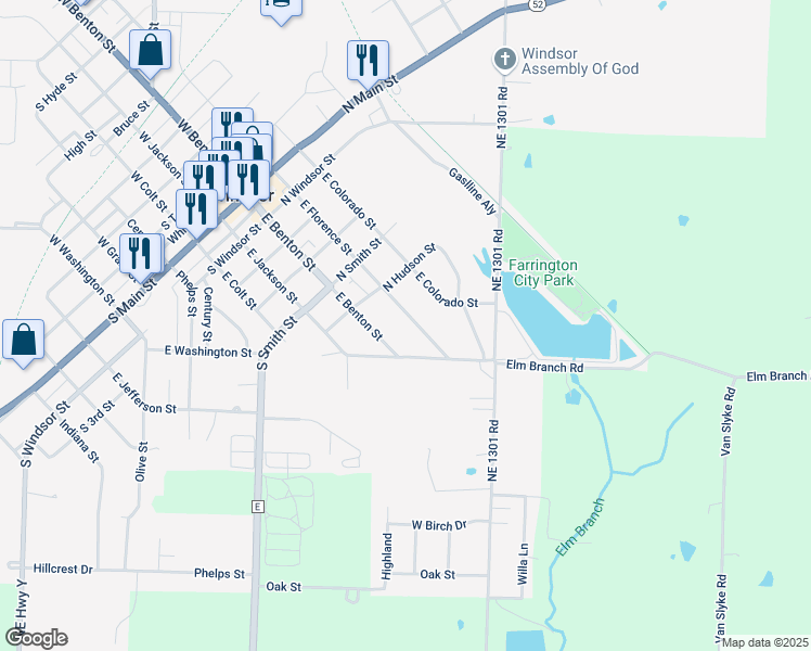 map of restaurants, bars, coffee shops, grocery stores, and more near 624 East Benton Street in Windsor