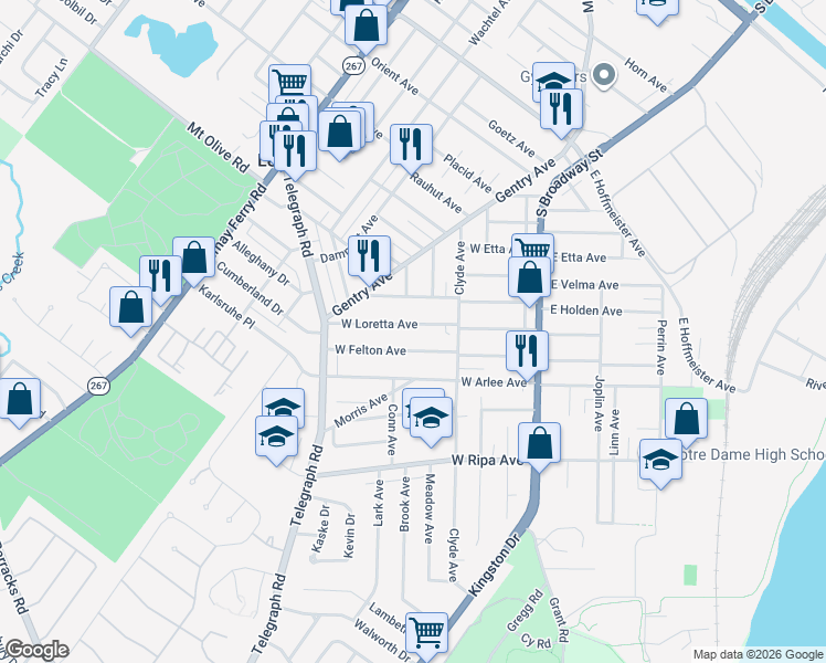 map of restaurants, bars, coffee shops, grocery stores, and more near 222 West Felton Avenue in St. Louis