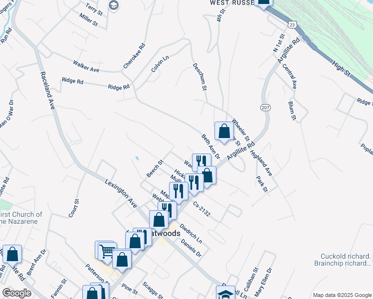 map of restaurants, bars, coffee shops, grocery stores, and more near 110 E Street in Flatwoods