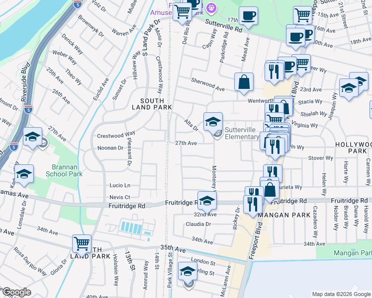 map of restaurants, bars, coffee shops, grocery stores, and more near 1430 27th Avenue in Sacramento