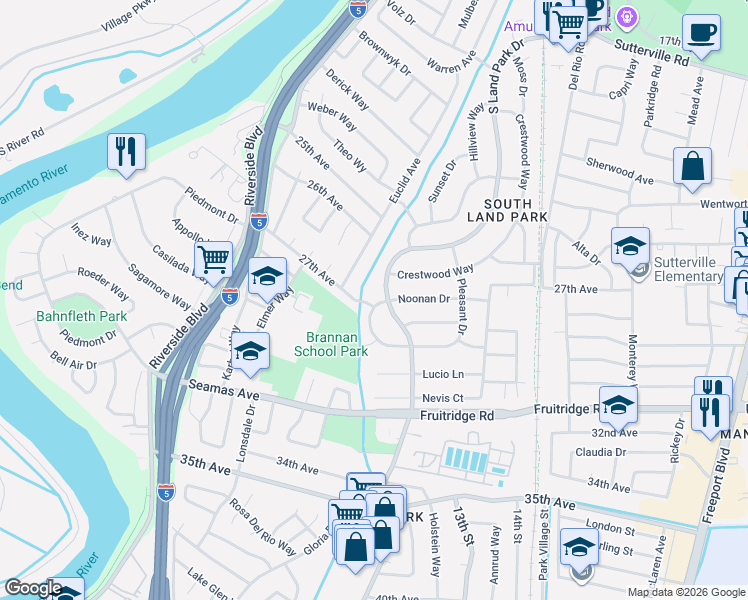 map of restaurants, bars, coffee shops, grocery stores, and more near 5101 South Land Park Drive in Sacramento