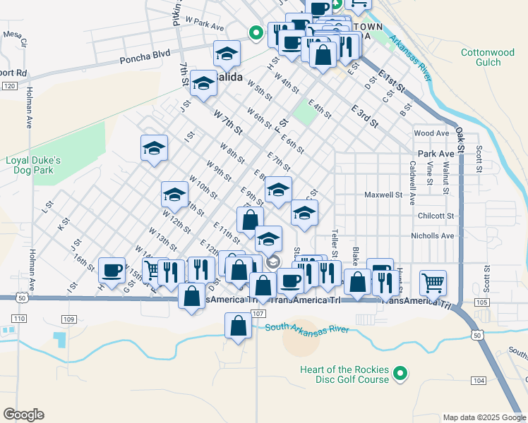 map of restaurants, bars, coffee shops, grocery stores, and more near 822 D Street in Salida