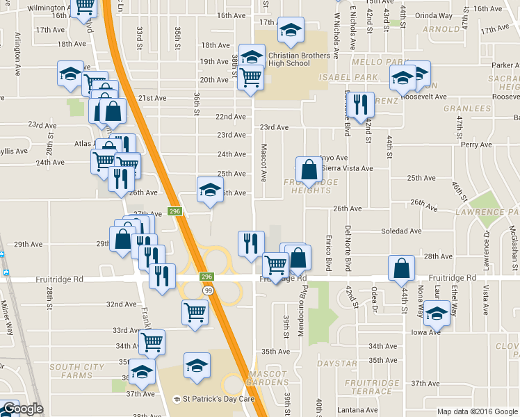 map of restaurants, bars, coffee shops, grocery stores, and more near 3891 26th Avenue in Sacramento