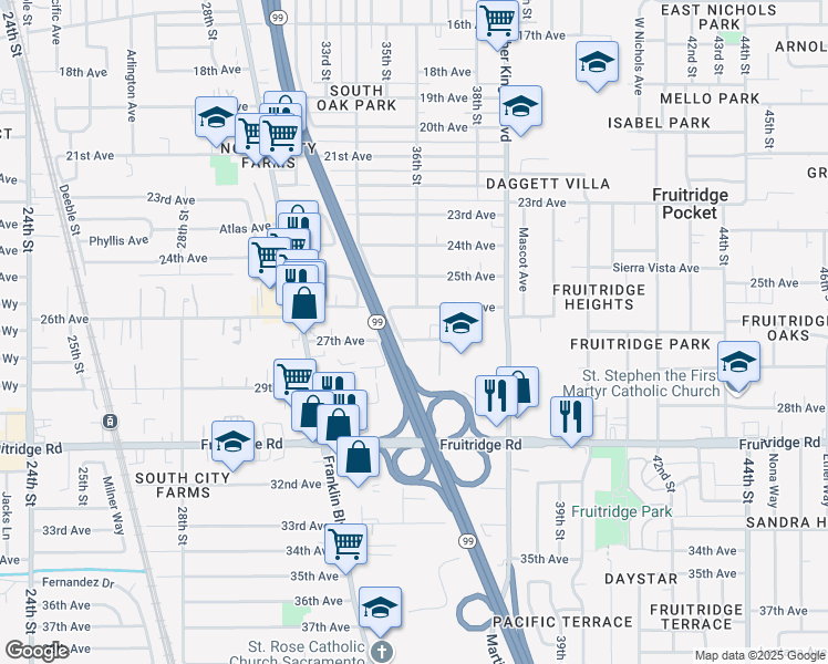 map of restaurants, bars, coffee shops, grocery stores, and more near 3572 26th Avenue in Sacramento