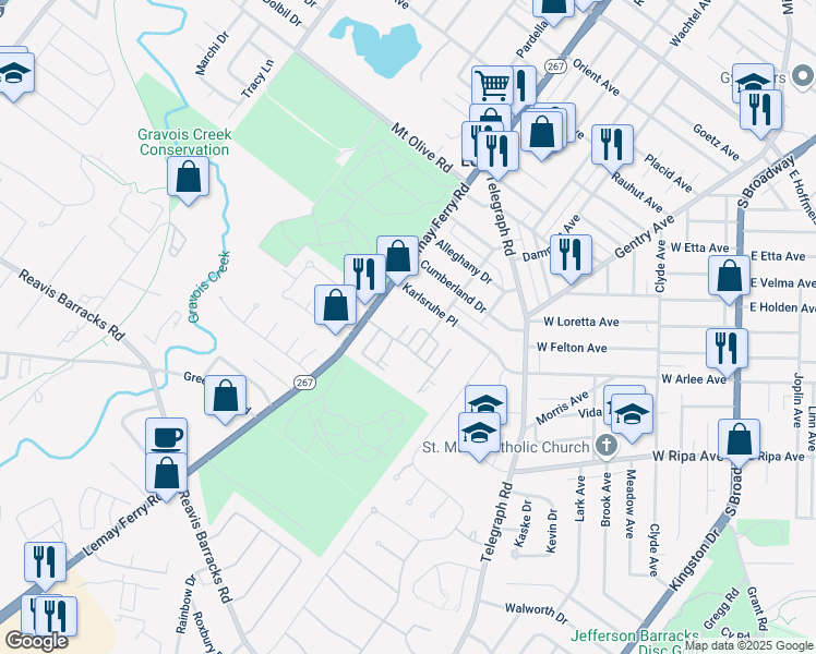 map of restaurants, bars, coffee shops, grocery stores, and more near 816 Karlsruhe Place in St. Louis