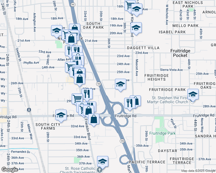 map of restaurants, bars, coffee shops, grocery stores, and more near 3572 26th Avenue in Sacramento
