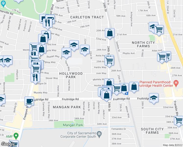map of restaurants, bars, coffee shops, grocery stores, and more near 23rd St & Irvin Way in Sacramento