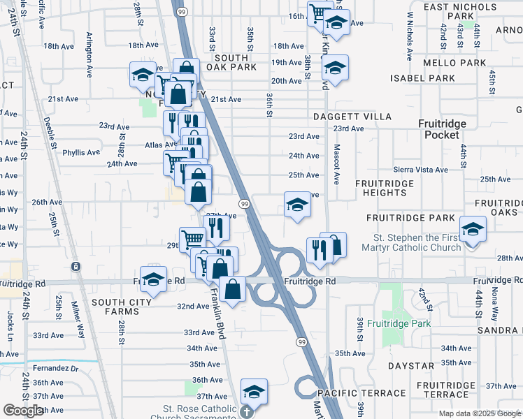 map of restaurants, bars, coffee shops, grocery stores, and more near 3572 26th Avenue in Sacramento