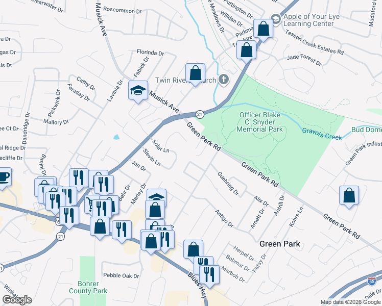 map of restaurants, bars, coffee shops, grocery stores, and more near 10705 Viola Lane in St. Louis