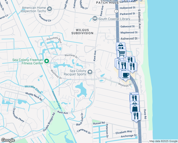 map of restaurants, bars, coffee shops, grocery stores, and more near 33411 Lakeside Circle in Bethany Beach