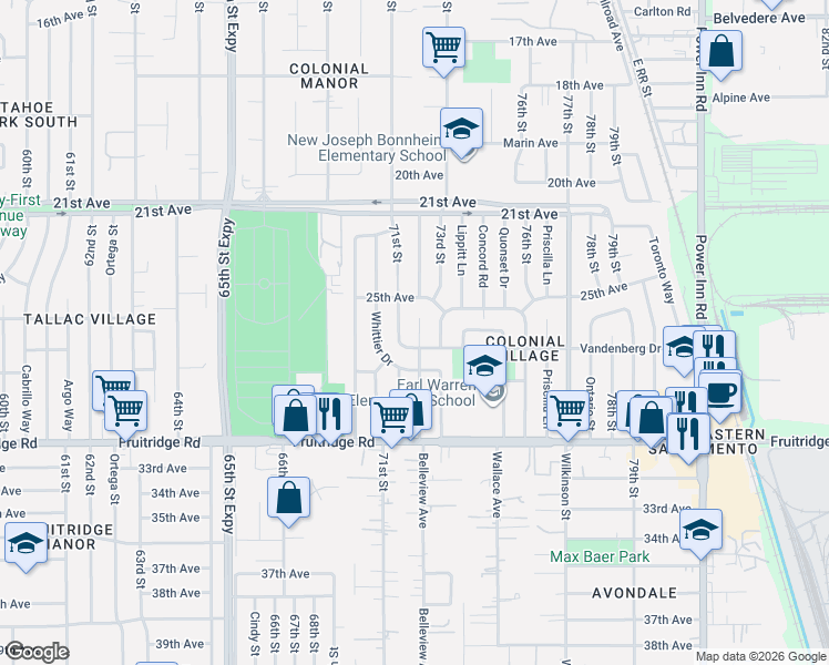 map of restaurants, bars, coffee shops, grocery stores, and more near 5210 Emerson Road in Sacramento