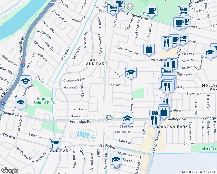 map of restaurants, bars, coffee shops, grocery stores, and more near 1422 Potrero Way in Sacramento