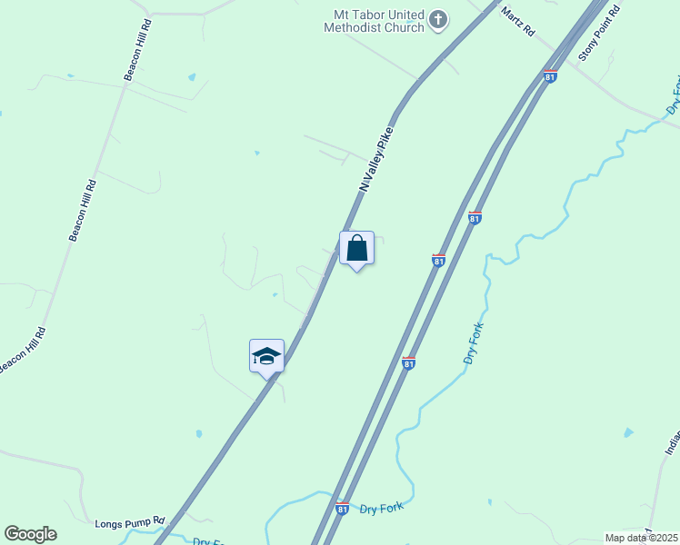 map of restaurants, bars, coffee shops, grocery stores, and more near 7743 North Valley Pike in Harrisonburg