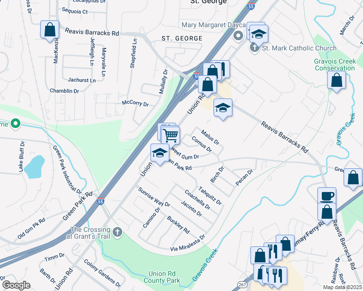 map of restaurants, bars, coffee shops, grocery stores, and more near 4232 Tupelo Drive in St. Louis